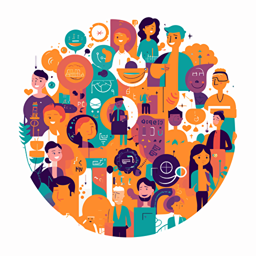 flat modern vector image of people learning a language, complemenatry colours, bright orange and purple and teal, high resolution, white background, rounded edges, detailed