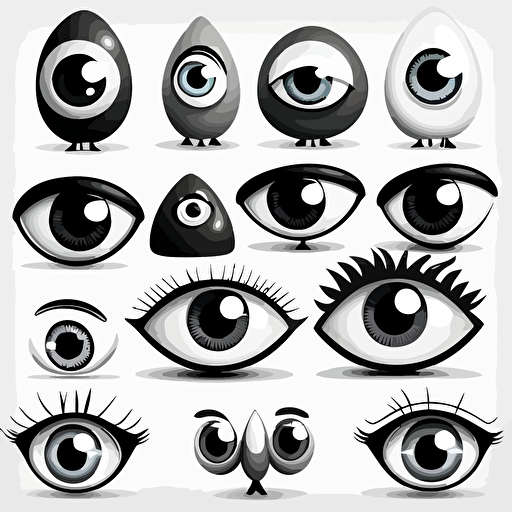 a collection of simple cartoon vector illustration eyes in different styles, black and white