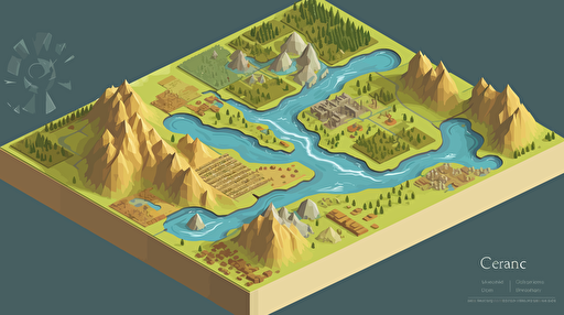 Isometric clean SVG vector art:: map with river crulling in the middle, combination of catan and age of empires, ready to print