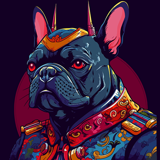 Cartoon French bulldog samurai, cyberpunk colours, vector art, cartoon, 32k
