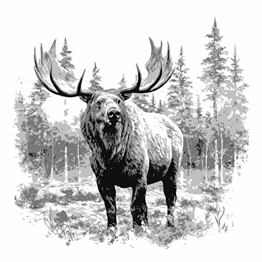 Grizzly bear pretending to be an Elk, Black and white illustration : : vector style
