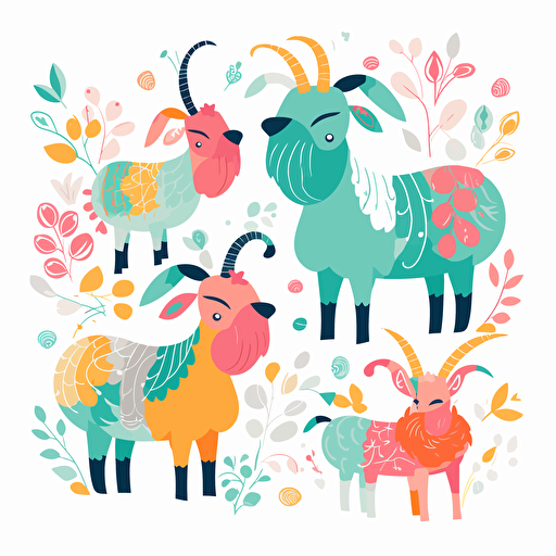 adorable brightly colored goats on a white background + doodle style + white background + simple vector + bright colors