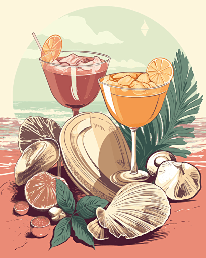 seashells cocktail, retro aesthetics, vector image, sticker design, pantone color scheme: 12-1706 TCX, 12-0824 TCX, 15-0146 TCX, 15-1164 TCX, 16-6340 TCX, 17-4247 TCX, 18-2043 TCX, 19-6026 TCX. The final piece should exude a warm, holiday-like ambiance.