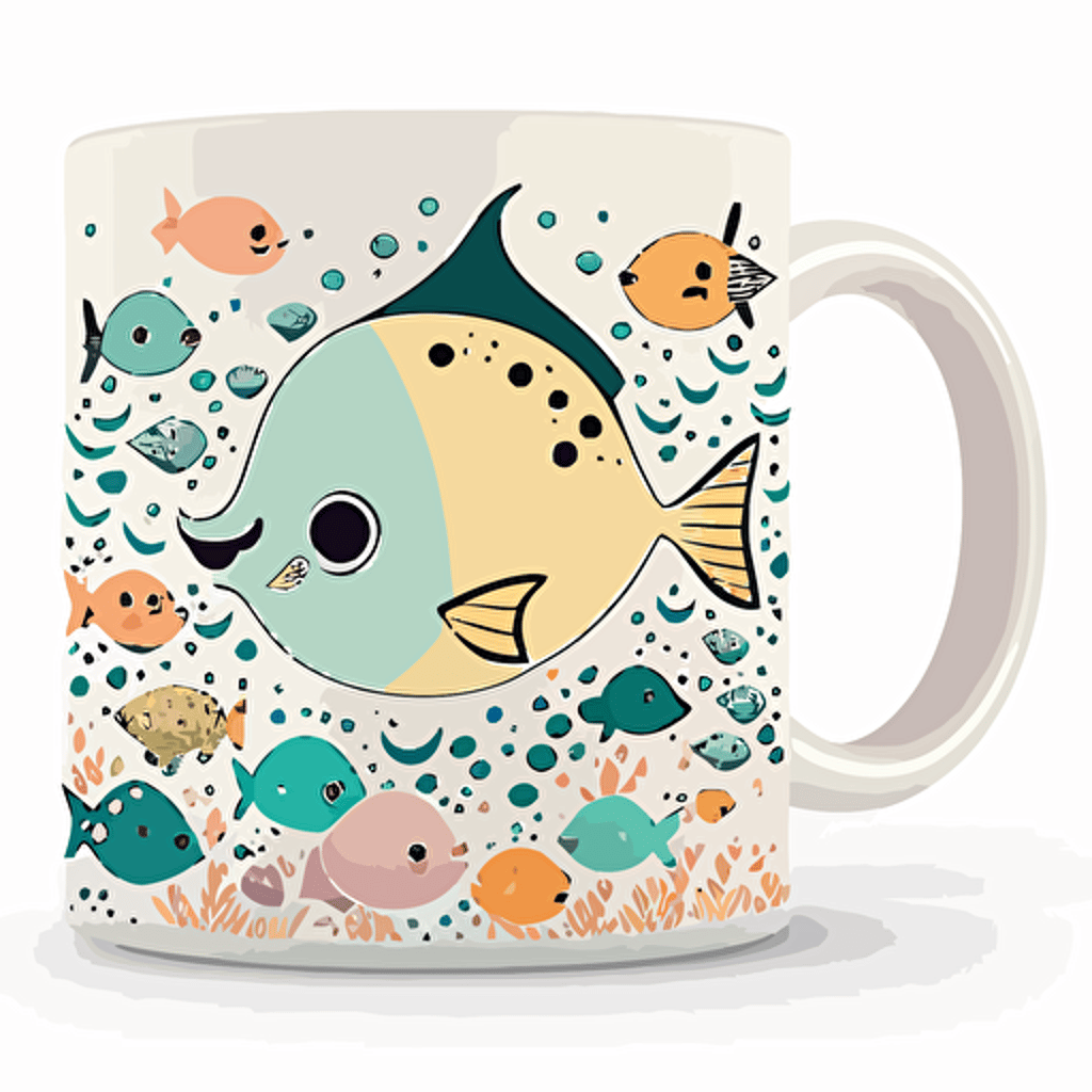 create a design for an 11oz coffee mug,horizontal, Kawaii style cute Pompano fish swimming in a reef, cartoon style, vector contour, pastel colors, white background