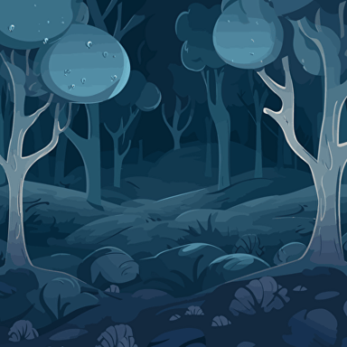 seamless unending cartoon background for children cartoon game. night forest landscape. vector illustration. parallax ready + background bottom layer should b toned down blue. The layer on top, only toned down navy blue of briefly drawn vectorized tree trunk shapes. The top layer should be the darkest shade of blue used in the picture, briefly vectorized trees. Landscape. AR 16:9.