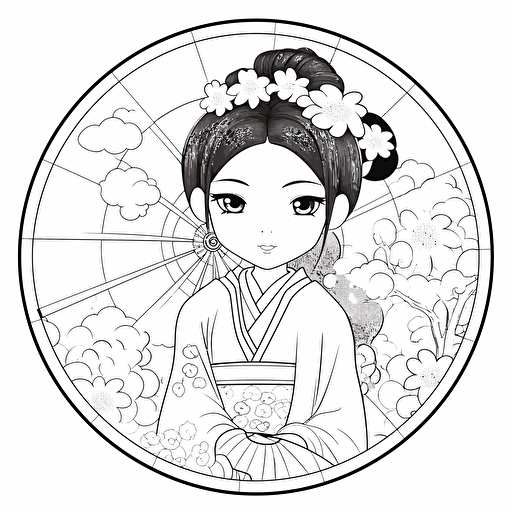Japanese style No Shadow Cartoon Coloring page Vector Simple