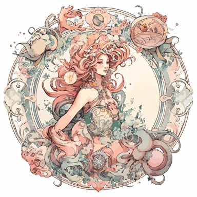 Whimsical Victorian Rococo zodiac cancer, detailed, cartoon style, 2d watercolor clipart vector, creative and imaginative, hd, white background