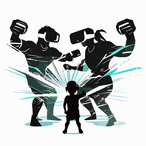 a silhouette of a family wearing VR headsets facing off in a battle arena, flat, vectorized, white background