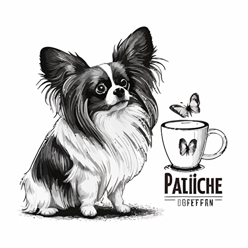 papillon dog with a cup of coffee, vector art logo design, clipart, cartoonistic, white background