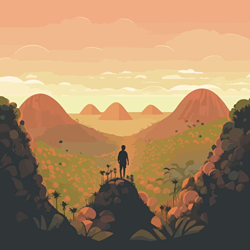2d illustration of a person exploring the chocolate hills in the Philippines, vector art style