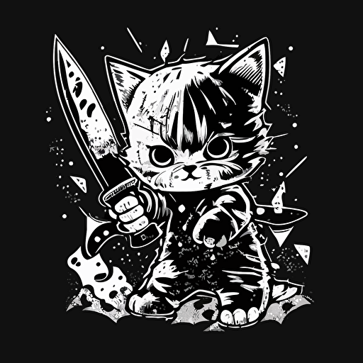 black and white vector illustration of cute cat. 80s style slasher theme