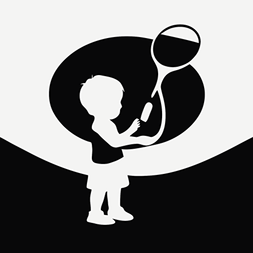 a logo of child silouette holding a tennis racket, black and white, low detail, smooth line, flat, vector