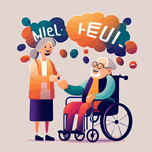 nurse, elderly man, wheelchair, happy, speech bubble, network, vector, communication, interconnectedness, warm, positive