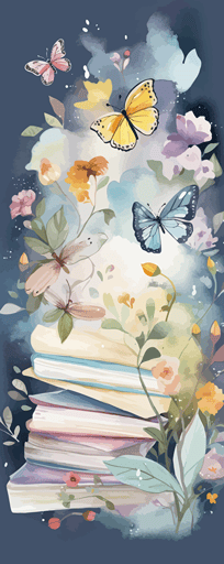 watercolor vector art, pastel colors, abstract, pretty books, butterflies, flowers, plants,