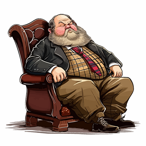 a chubby middle-aged Scotsman has fallen fast asleep, snoring with his mouth open, peaceful and content, sitting in a rocking chair, bushy beard, balding, suit and tie, kilt, as a detailed vector image