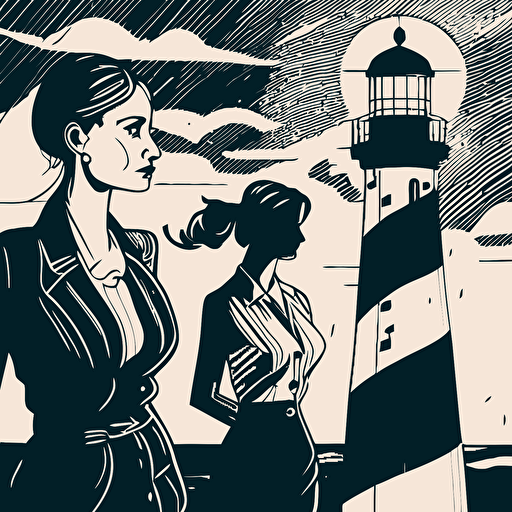 Businesswomen and a lighthouse, detailed vector illustration