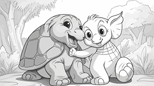 a cute turtle hugging with an elephant, disney cartoon style, black and white, coloring page, vector, hd