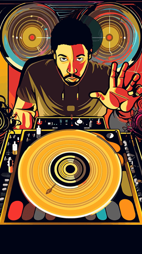 an abstract, comic-style vector, warm vivid party flyer of a funk and soul dj playing vinyl records on a technics 1210 in a small soul club, top view