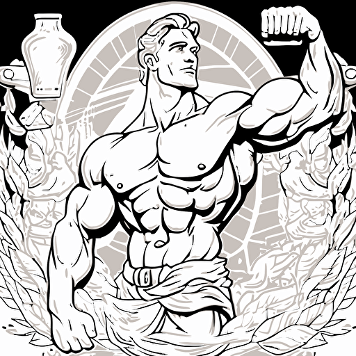 Hercules with beer, vector art, detailed, line work, minimal design, clean, smooth, no gradients