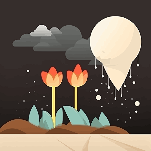 a flower bulb under the dirt and rain coming down from the clouds above. Vector illustration