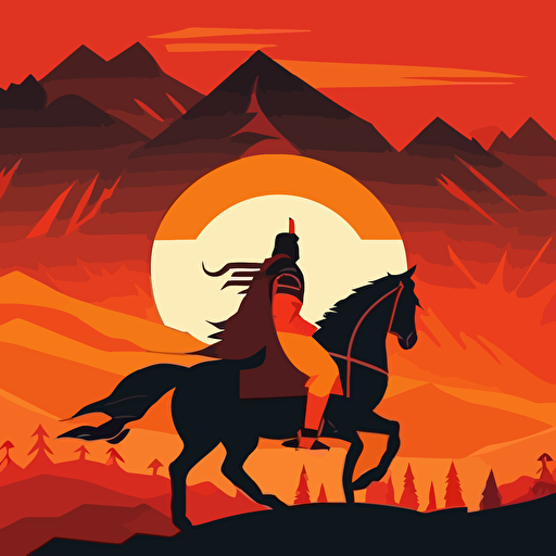 simple vector art of Bulgarian warrior on a horse, sun and mountains behind him
