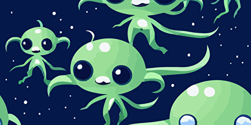 small green cartoon aliens vector style, on a navy blue background with stars