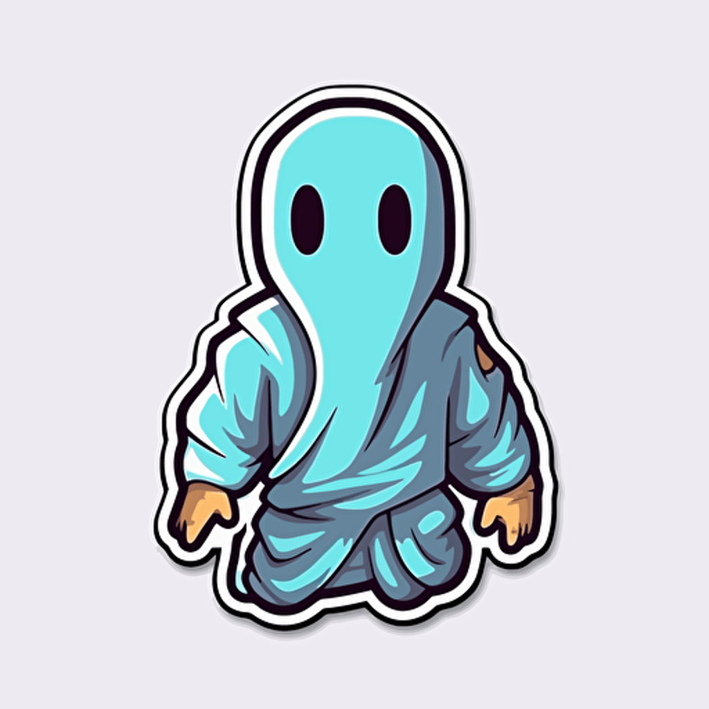 a sticker of a gamer wearing a sheet, to look like a ghost, vector style, simple