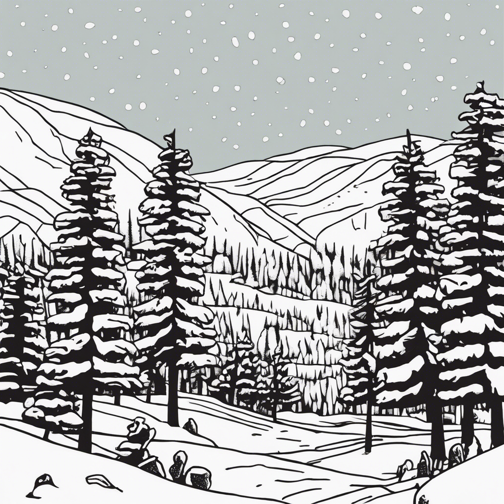 Snow-covered pine trees in a winter landscape., illustration in the style of Matt Blease, illustration, flat, simple, vector