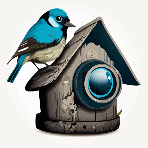 a very large birdhouse that looks like a DSLR with a long lens, a very cute apus apus perched on the lens, vector image, simple, three color, blue, black, white