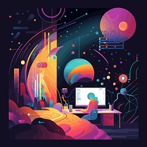 A vibrant vector based illustration of a Slack workspace being illuminated, with valuable information escaping its content black hole
