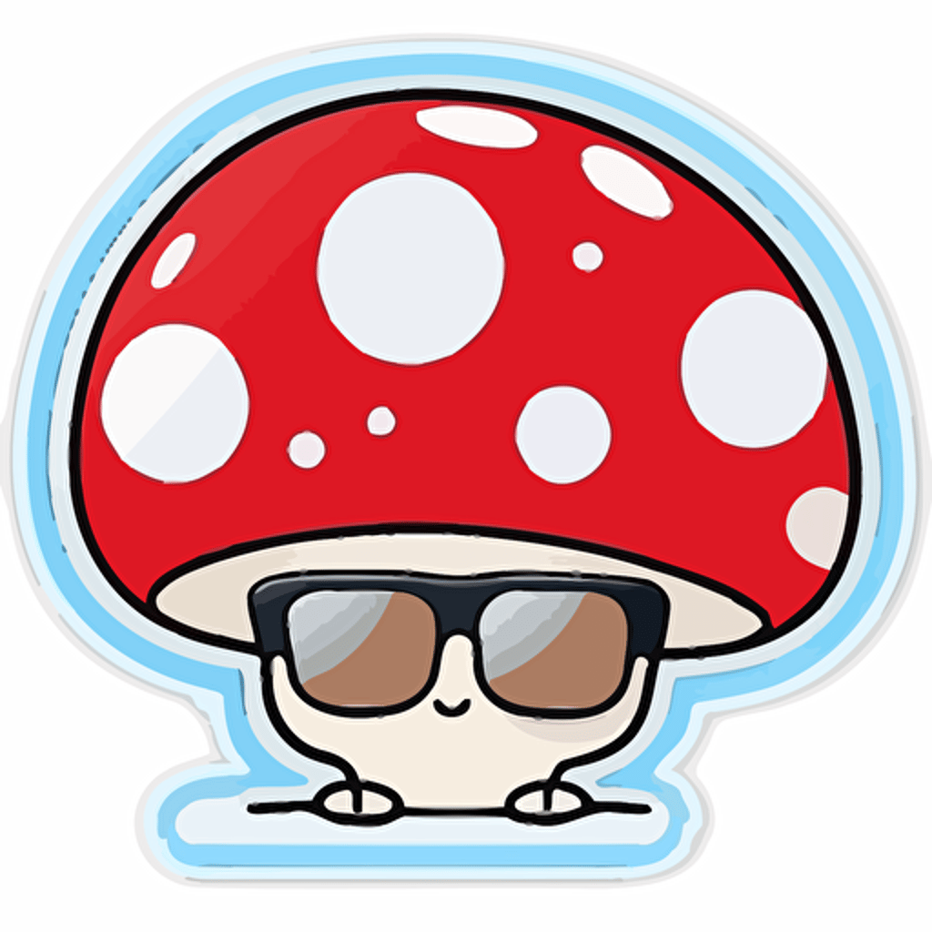 sticker, happy red toadstool mushroom with sunglasses, kawaii, contour, vector, white