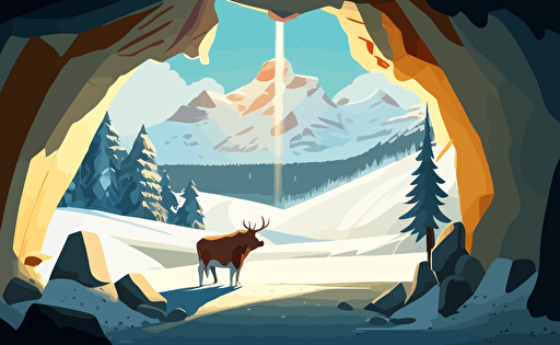 looking out from the inside of a winter cave, filled partially with snow and ice, looking out into a vast landscape of lush fir trees covered in snow and ice with mountain peaks in background with the sun shining through the clouds high quality cartoon style warm lighting early morning vibe vibrant early spring dramatic lighting vector illustration, a bull with european flag is standing