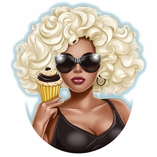 sticker vector illustration, a black female stylish with diva sunglasses and diva attitude, in a dress made of delicious vanilla frosting, with hair like vanilla frosting too