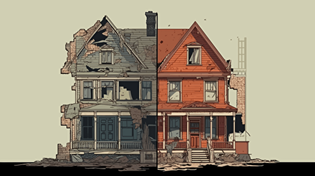 Half of house is rundown, other half is fixed up, house is center frame, vector animation, film grain