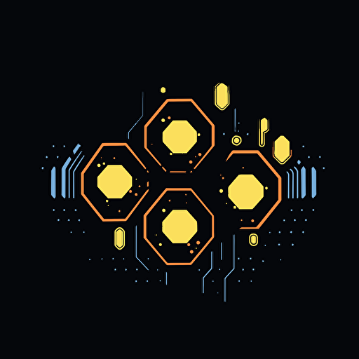 a simple vector logo of a hexagon of elextric energy streams connected to little light bulbs, the object floating on a black background