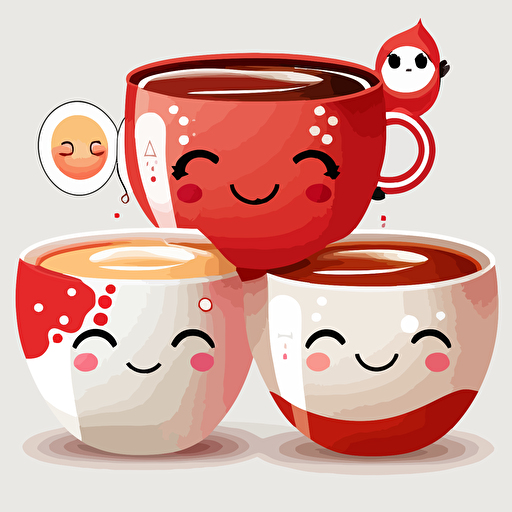 3 cute japanese tea smilling red and white. Vector style. 2D. Drawing.