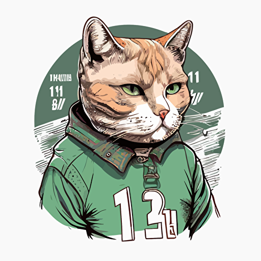ilustración de personaje de dibujos animados de gato lindo de pelo corto europeo de cabeza grande, con el numero 13 en la cabeza o en un collar, en estilo de arte BAYC NFT, imagen de exhibición de arte NFT, estilo ciberpunk, ropa de hip hop, ilustración de vector plano simple, mascota de juego, repito el numero debe ser el 13 TRECE en la cabeza o en un collar