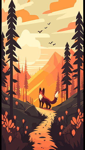 a fox kit on forest trail. Forest, mountain line, sunset. Cute, happy, vector, game design.
