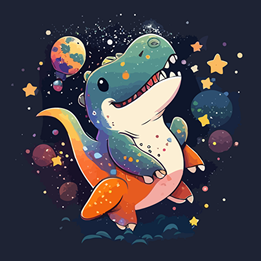 Cute Dinosaur floating in space surrounded by stars and galaxies, cute happy smiling adorable, vector illustration style