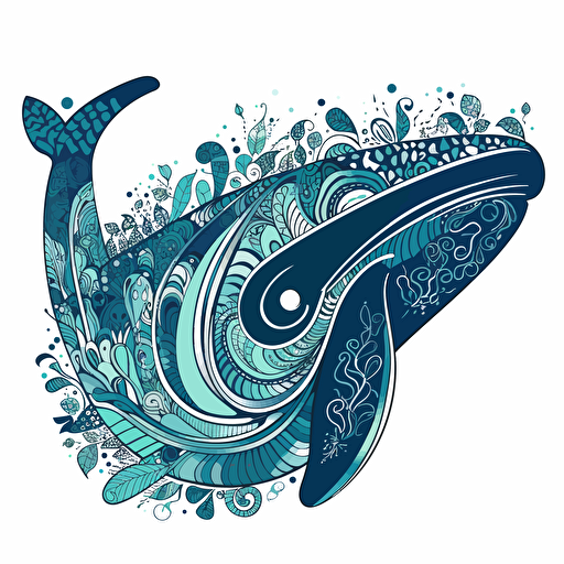 whale, detailed, cartoon style, 2d clipart vector, creative and imaginative, floral, hd, white background