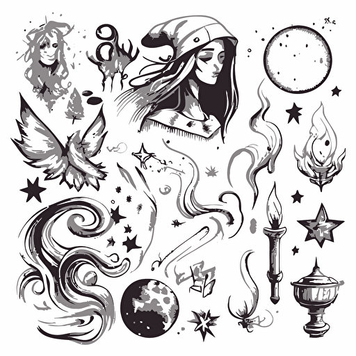 mystical magical drawings, hand drawn vector, white background