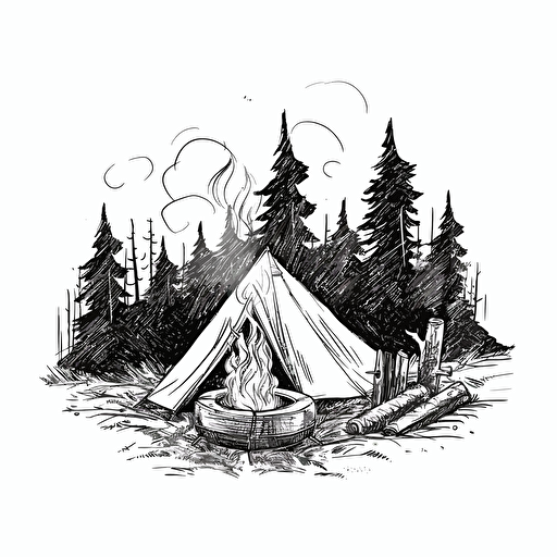 campfire at campsite, black and white vector, on white isolated