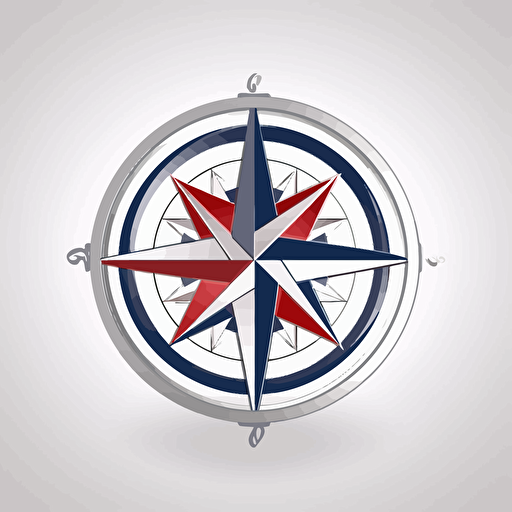 Design of professional logo featuring a abstract compass clipart in stainless steel a white background. Include curves as an additional design element. vector style . Blue white and red