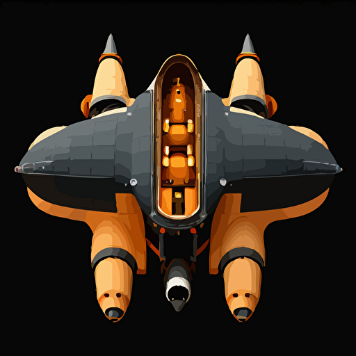 orange space ship on black background, top-down view, clean, simple, no shadows, vector