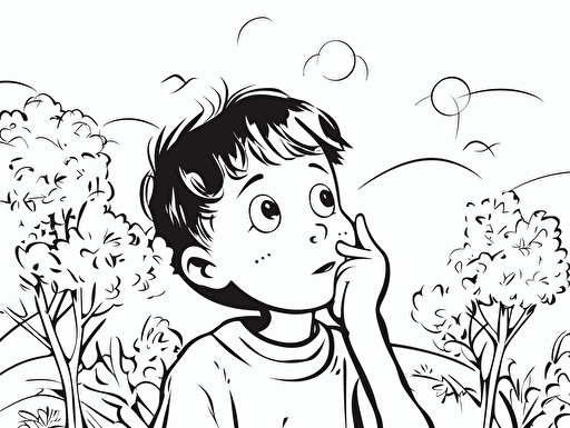 a single outline drawing of children are thinking about something funny , stock vector, flat design, simple ,black and white,bold and simple line, in the style of stock photo, lovely childrom scenes, uhd image