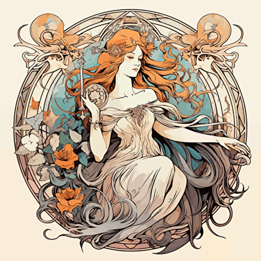 witchy, collection, vector, clipart, white background, pastel shades, atmospheric, Alphonse Mucha style, artistic