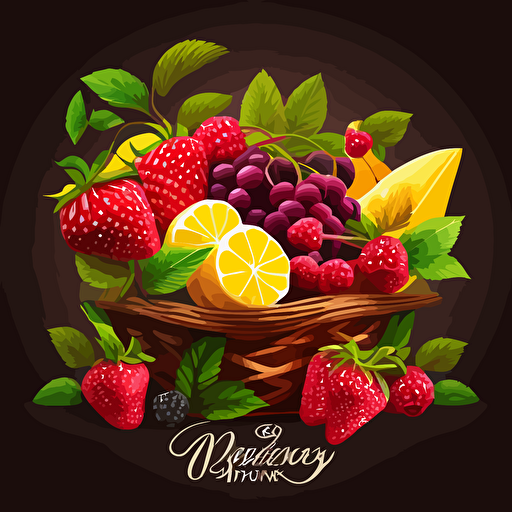 A vector logo design of a fruit basket overflowing with fresh fruit like raspberries, strawberries, and mangoes, to showcase the use of high quality ingredients.