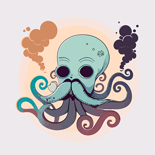 Octopus with a cool Moustache smoking, Chill, warm and cold colours, Digital Art, Contour, Vector, White background, minimal