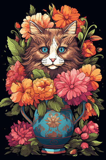 colorful svg vector drawing, a beautiful cat lies near a vase full of flowers
