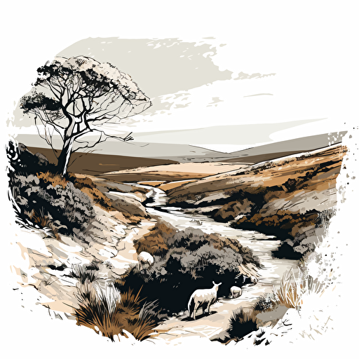 vector ink drowing style with details only white background only two colors yorkshire moors